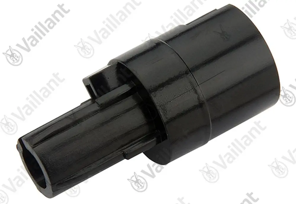 Schwarzer Kunststoffadapter von Vaillant mit einem Anschluss. Das Produkt hat eine strukturierte Oberfläche und ist für die Verbindung von Rohrleitungen geeignet.